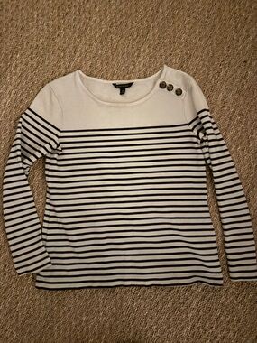 Worthington Navy & White Striped Boatneck Button-Shoulder Top